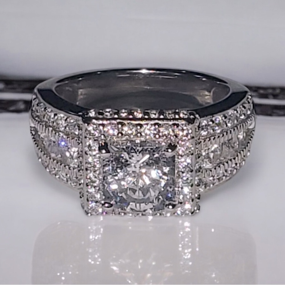 Sterling Silver Ring Size 8 Square CZ Diamond Ring Band